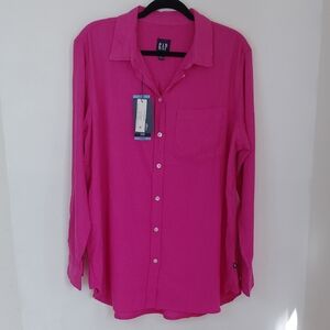 NWT Gap Womens Fuchsia Pink Linen Blend Button Up Top Sz L Coastal Beachy Preppy